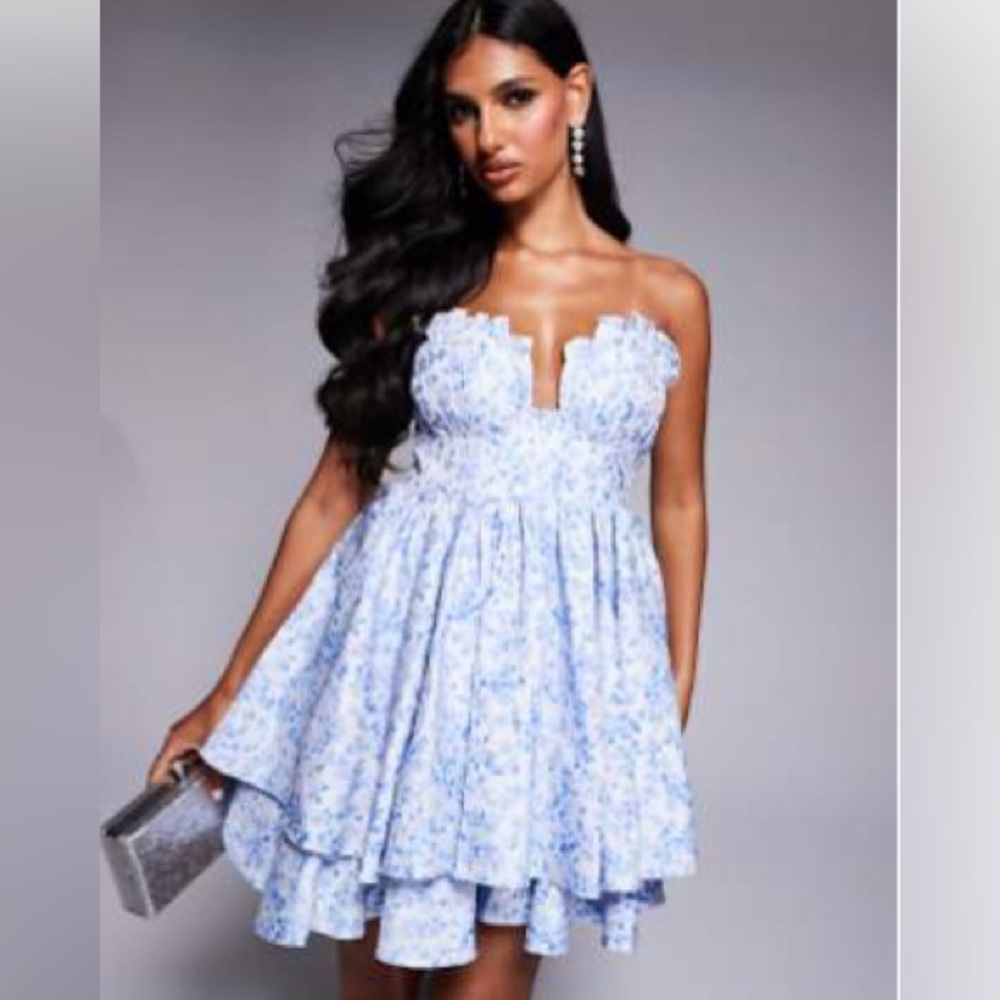 ASOS JACQUARD BANDEAU BABY DOLL DRESS WITH PLEATED BUST